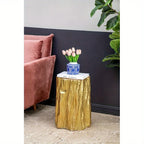 13.5x13x20" Unique Golden Tree Trunk Stool Antique Golden Distressed Accent Side Table - House Of Avana