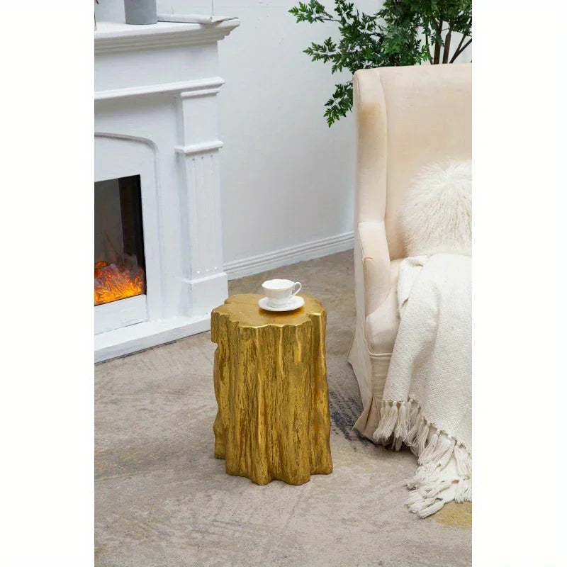 13.5x13x20" Unique Golden Tree Trunk Stool Antique Golden Distressed Accent Side Table - House Of Avana