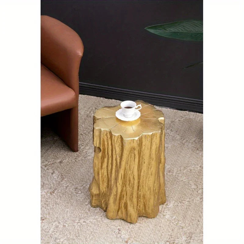 13.5x13x20" Unique Golden Tree Trunk Stool Antique Golden Distressed Accent Side Table - House Of Avana
