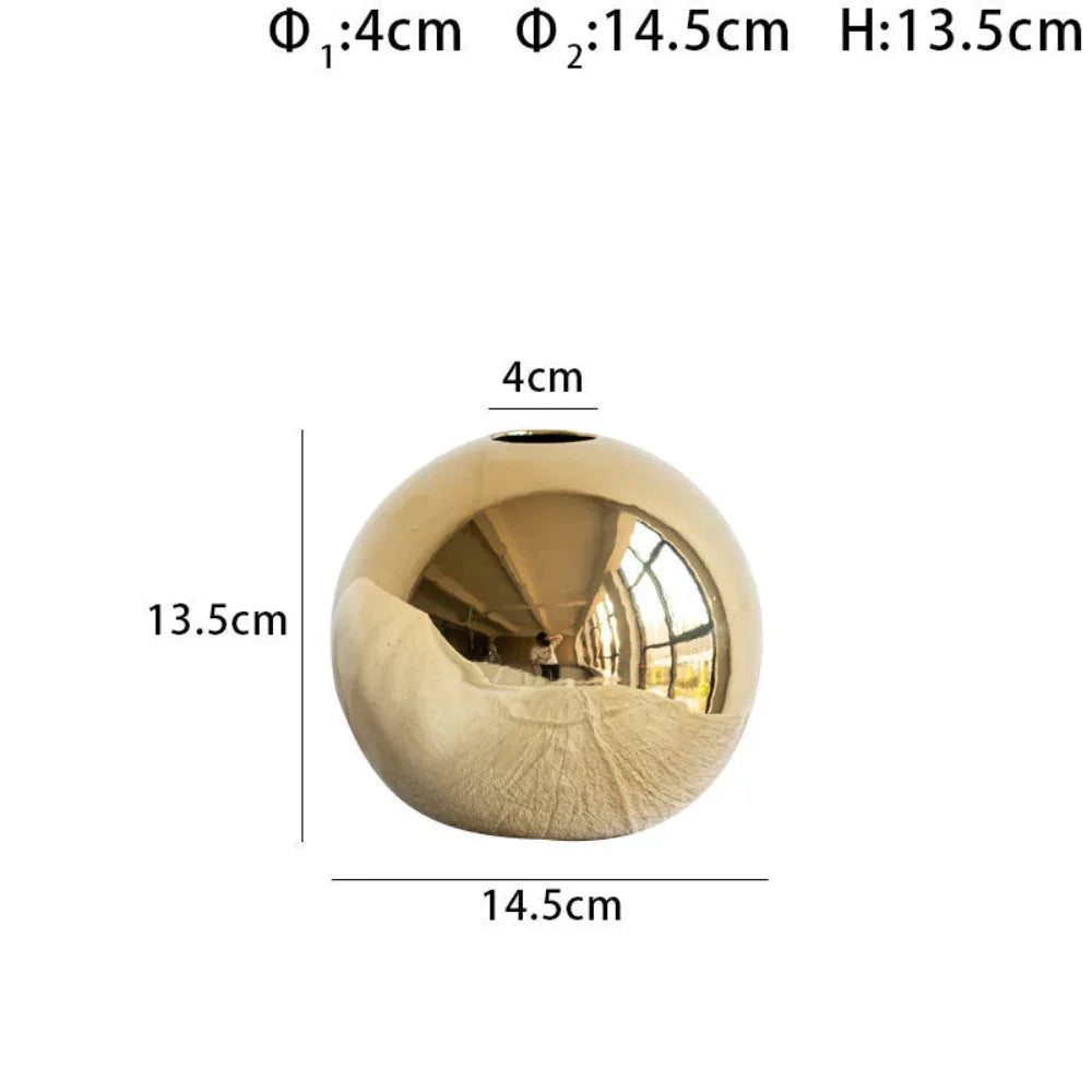 Ceramic Golden Ball Vase with Unique Rounded Design, angled view - House Of Avana