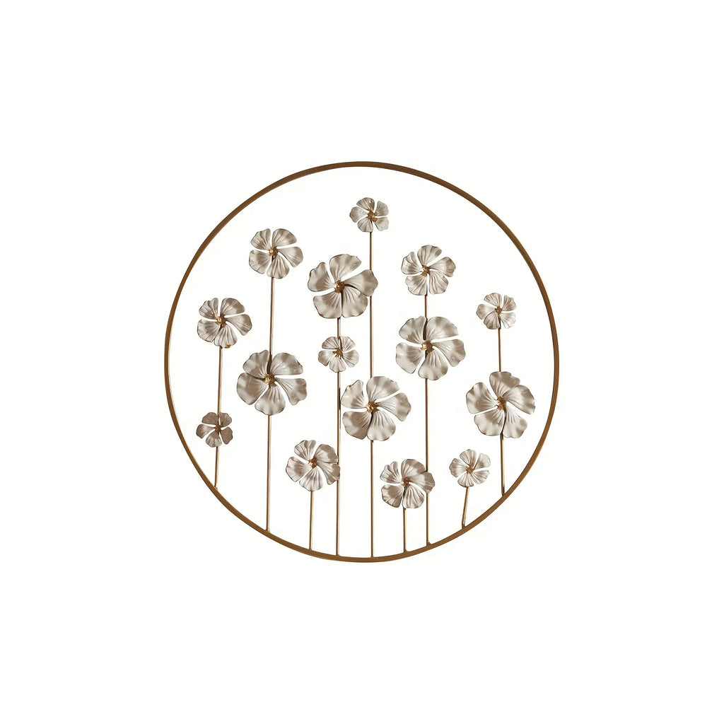 Iron Floral Wall Art with Golden Accents and White Flowers, angled view - House Of Avana