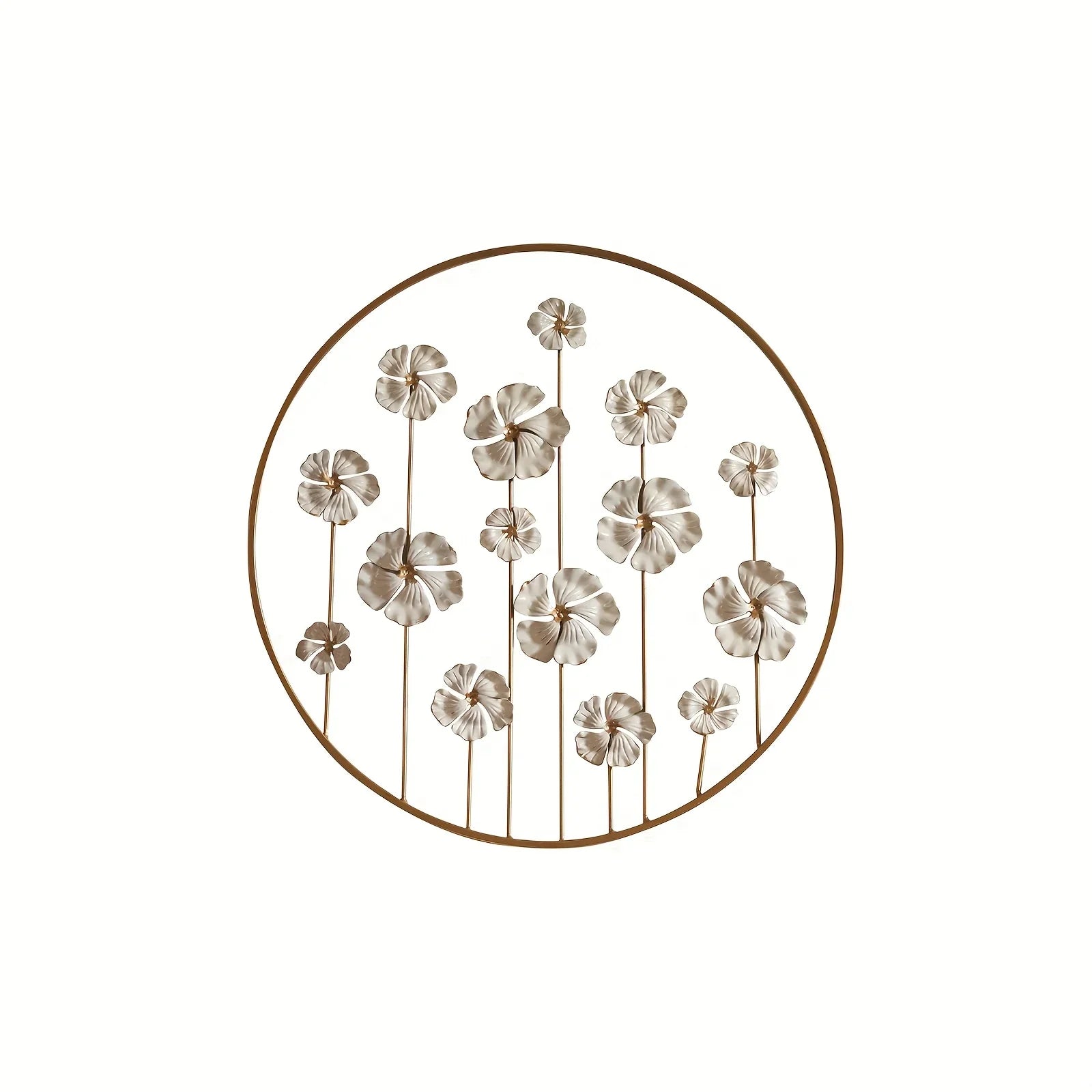 Iron Floral Wall Art with Golden Accents and White Flowers, angled view - House Of Avana
