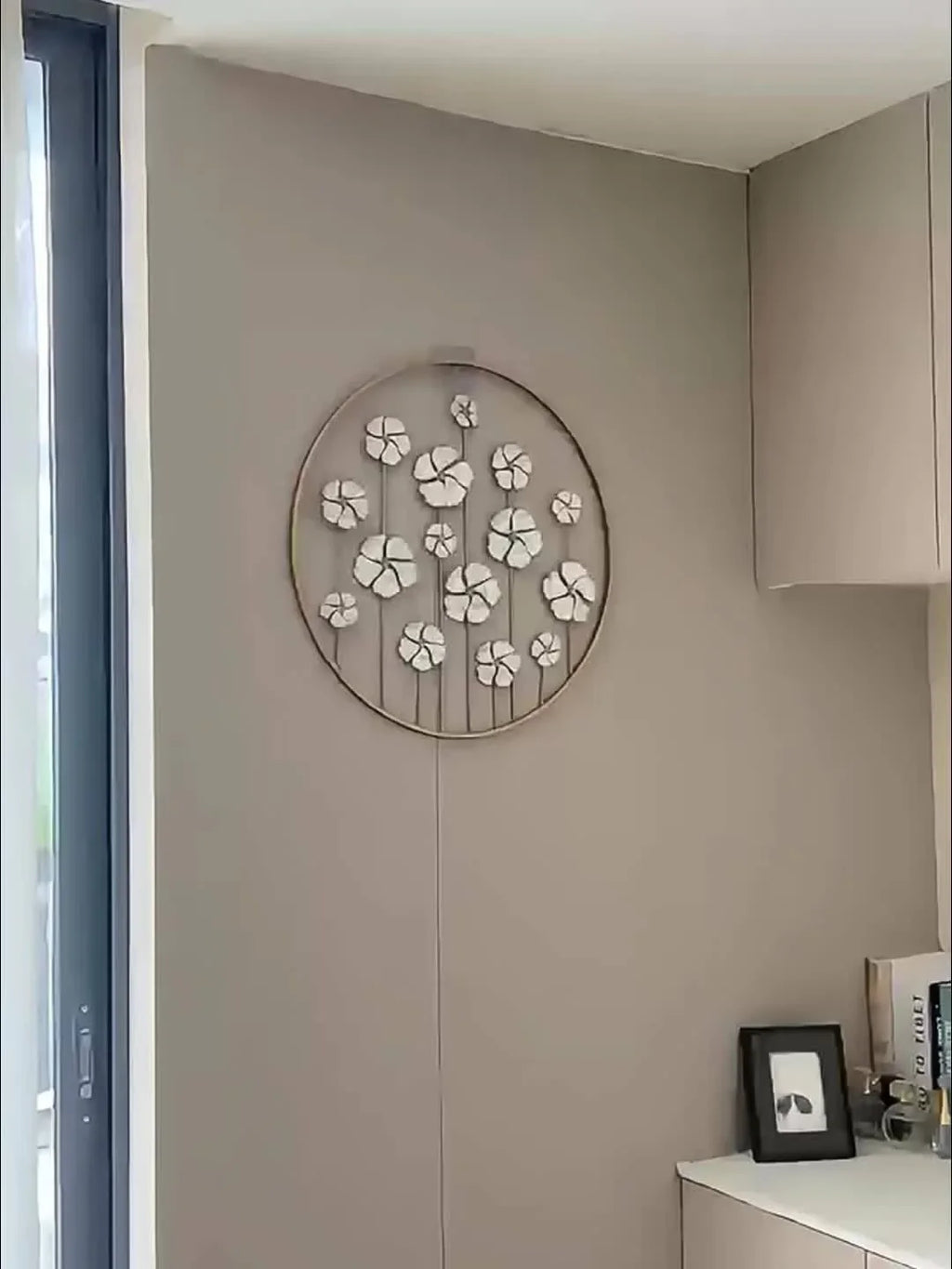 Iron Floral Wall Art with Golden Accents and White Flowers, angled view - House Of Avana