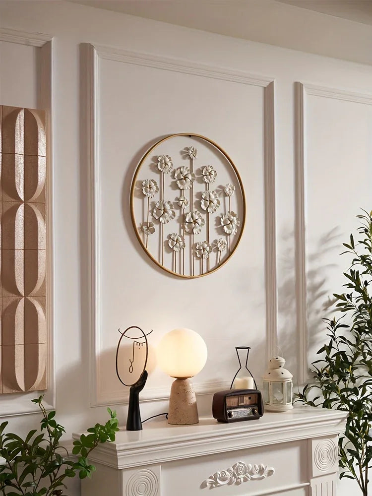 Iron Floral Wall Art with Golden Accents and White Flowers, close-up view - House Of Avana