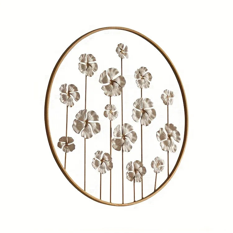 Iron Floral Wall Art with Golden Accents and White Flowers, in-use display - House Of Avana