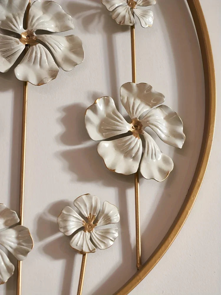 Iron Floral Wall Art with Golden Accents and White Flowers, texture detail - House Of Avana