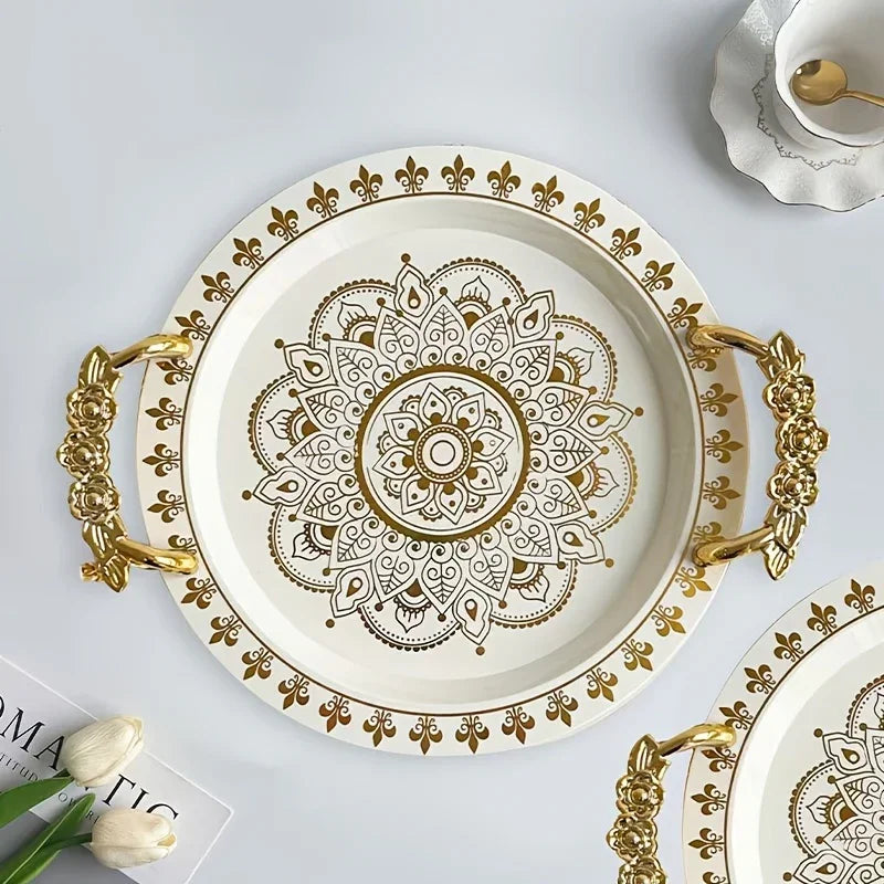 Round Golden Embossed White Tray, Home Fruit Plate, Tea Tray, European Breakfast Tray, Round Wide-edge... - House Of Avana