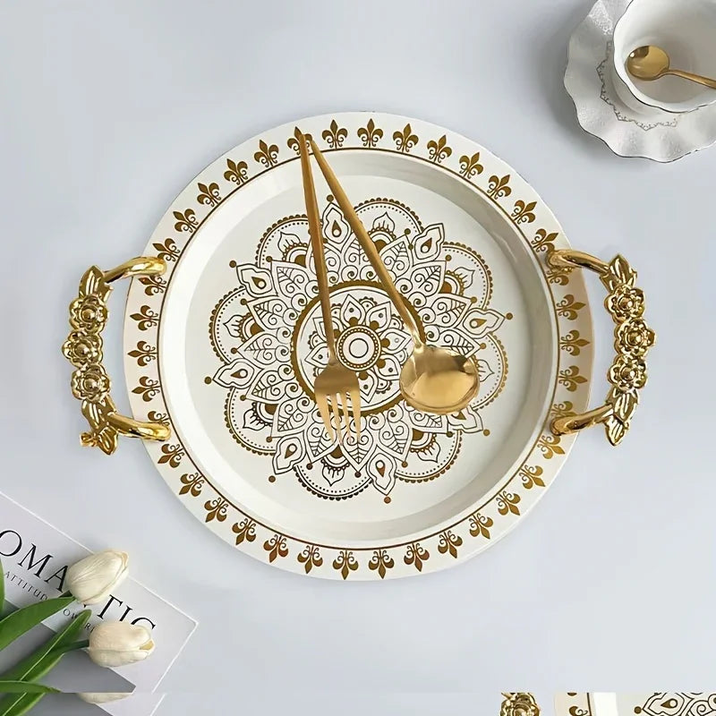 Round Golden Embossed White Tray, Home Fruit Plate, Tea Tray, European Breakfast Tray, Round Wide-edge... - House Of Avana
