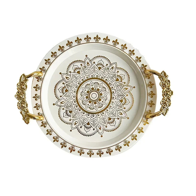 Round Golden Embossed White Tray, Home Fruit Plate, Tea Tray, European Breakfast Tray, Round Wide-edge... - House Of Avana