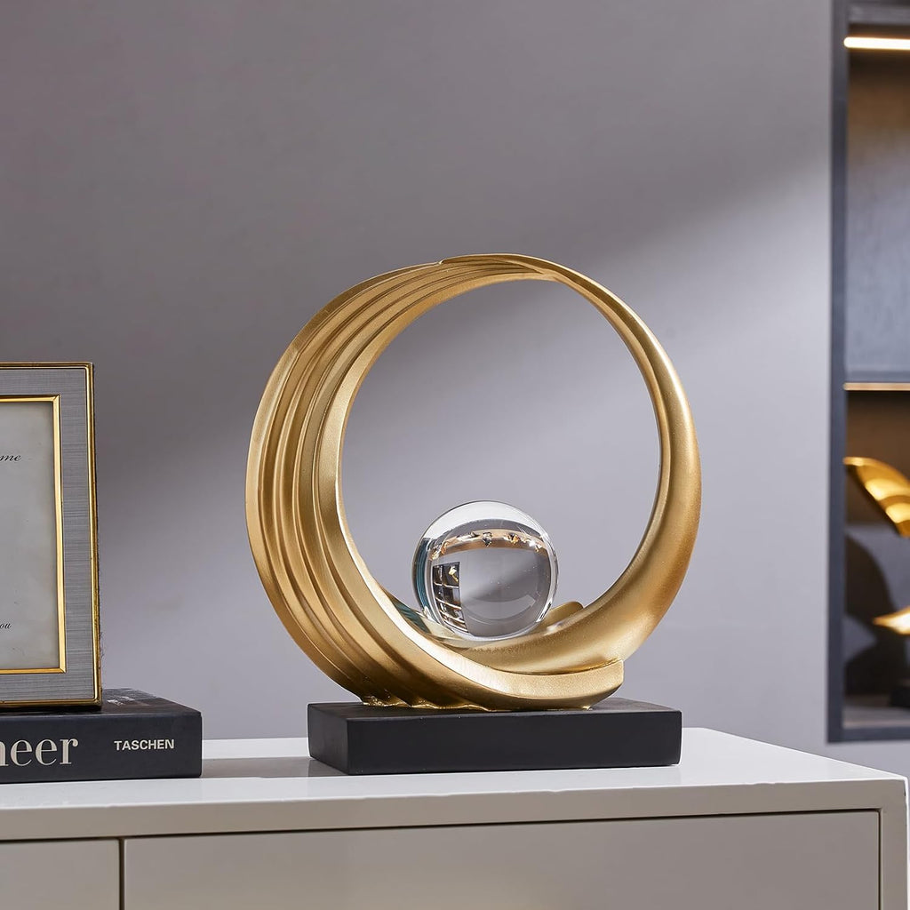 Circle Sculpture with Clear Ball – Gold Resin [[SKU:HOA-SCU-546]]