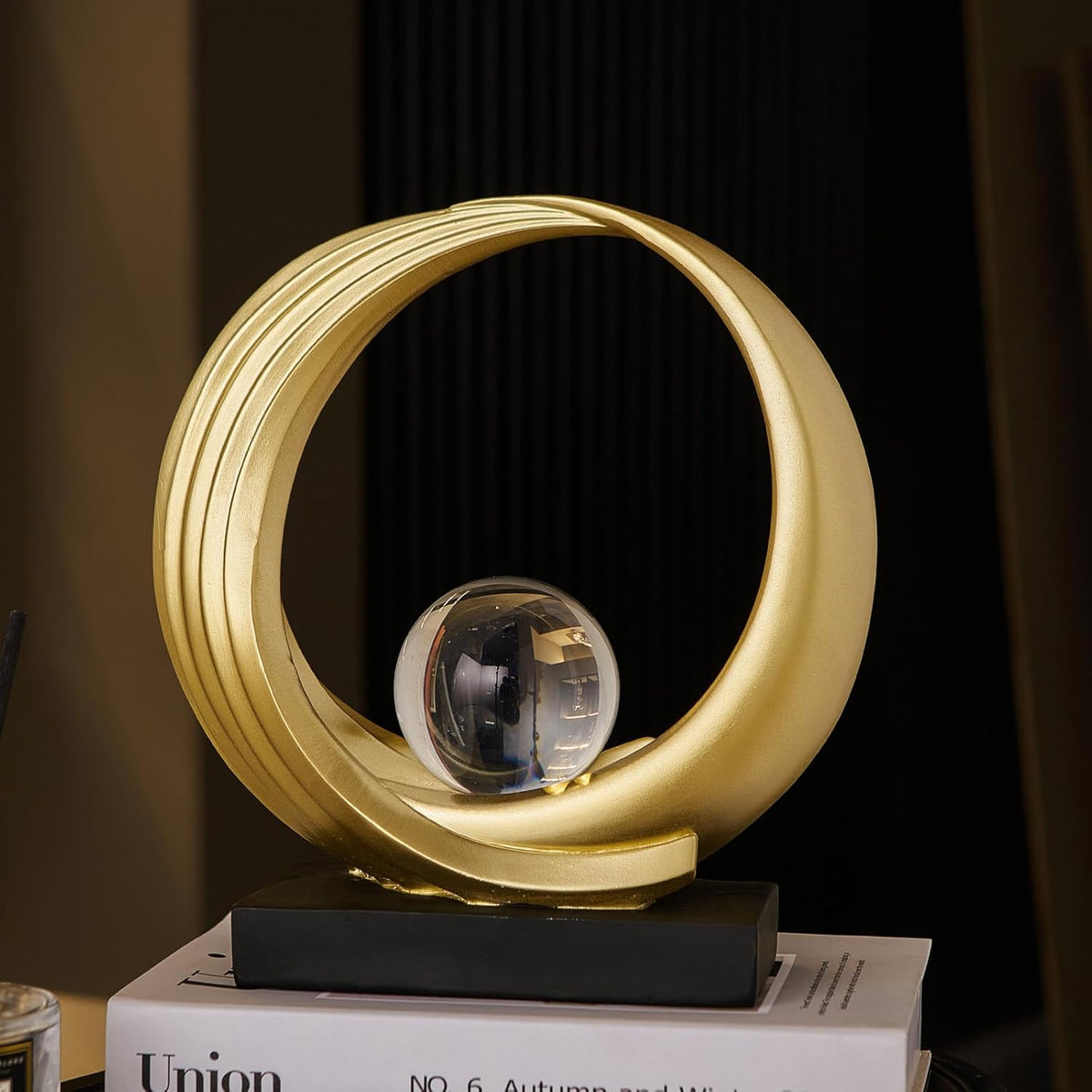 Circle Sculpture with Clear Ball – Gold Resin [[SKU:HOA-SCU-546]]