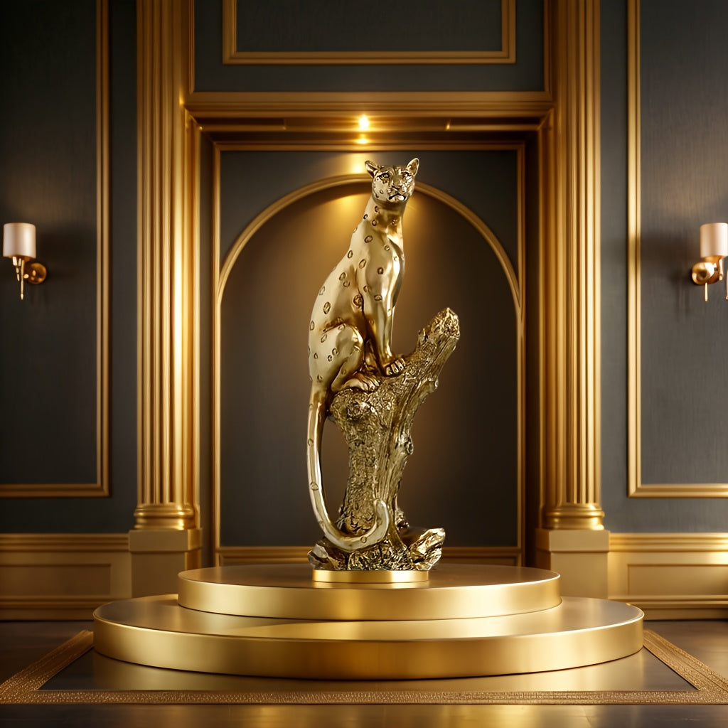 Leopard on Tree Stump Sculpture – Gold Resin [[SKU:HOA-SCU-545]]