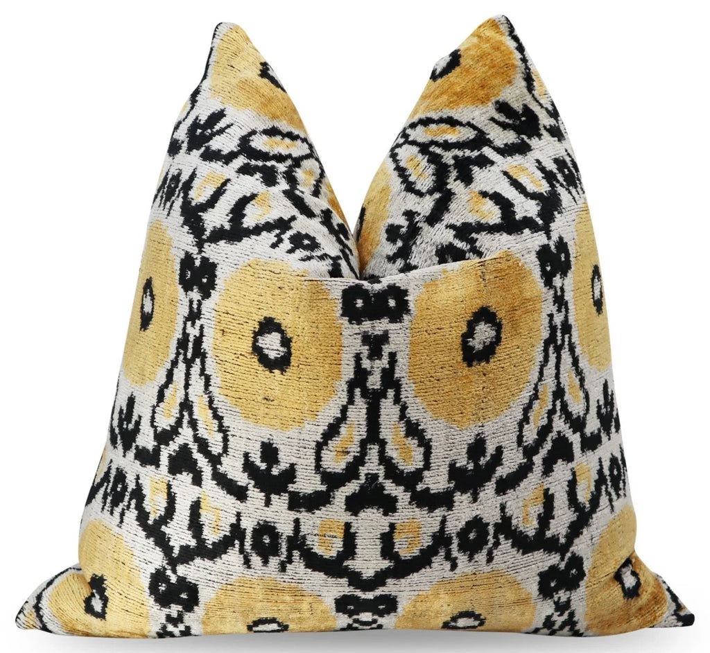 Canvello Handmade Gray Ivory Yellow Velvet Throw Pillows - 20x20, side view - House Of Avana