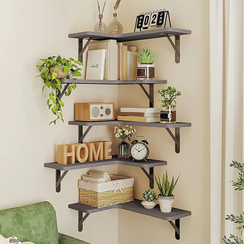 Set of Rustic Gray Corner Floating Shelves, back view - House Of Avana