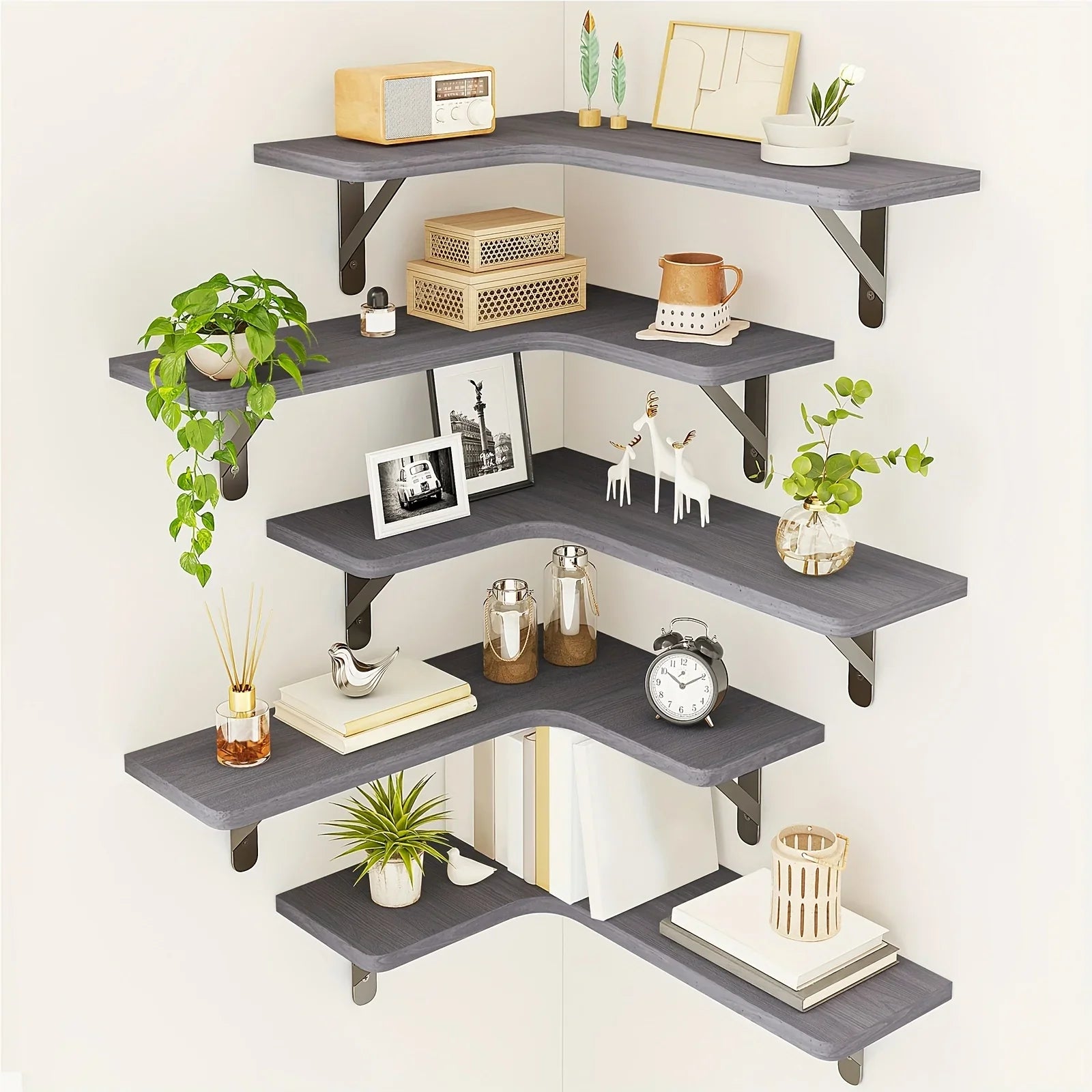Set of Rustic Gray Corner Floating Shelves, front view - House Of Avana