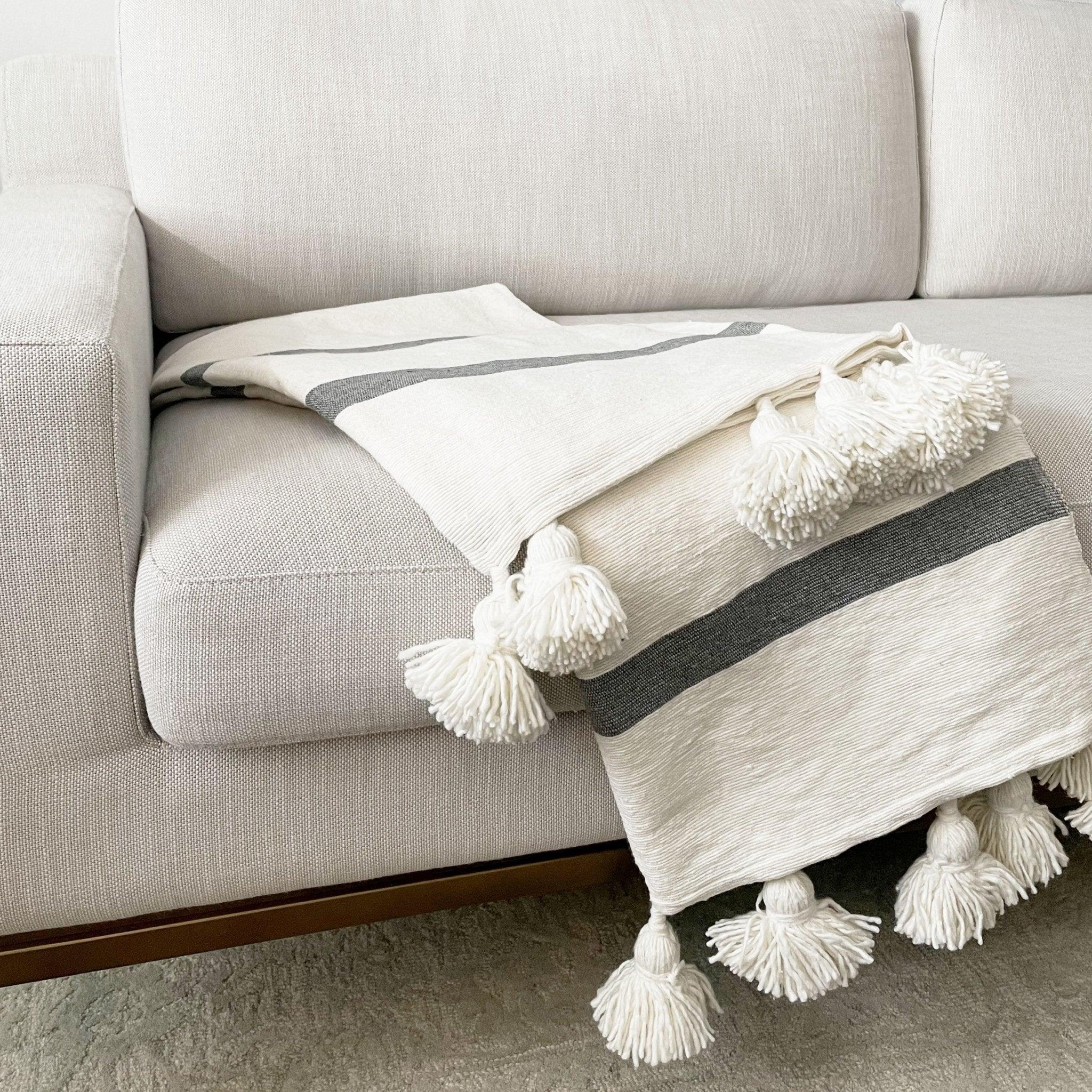 Gray Stripe Pom Pom Throw Tea + Linen