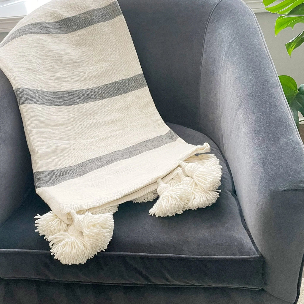 Gray Stripe Pom Pom Throw Tea + Linen
