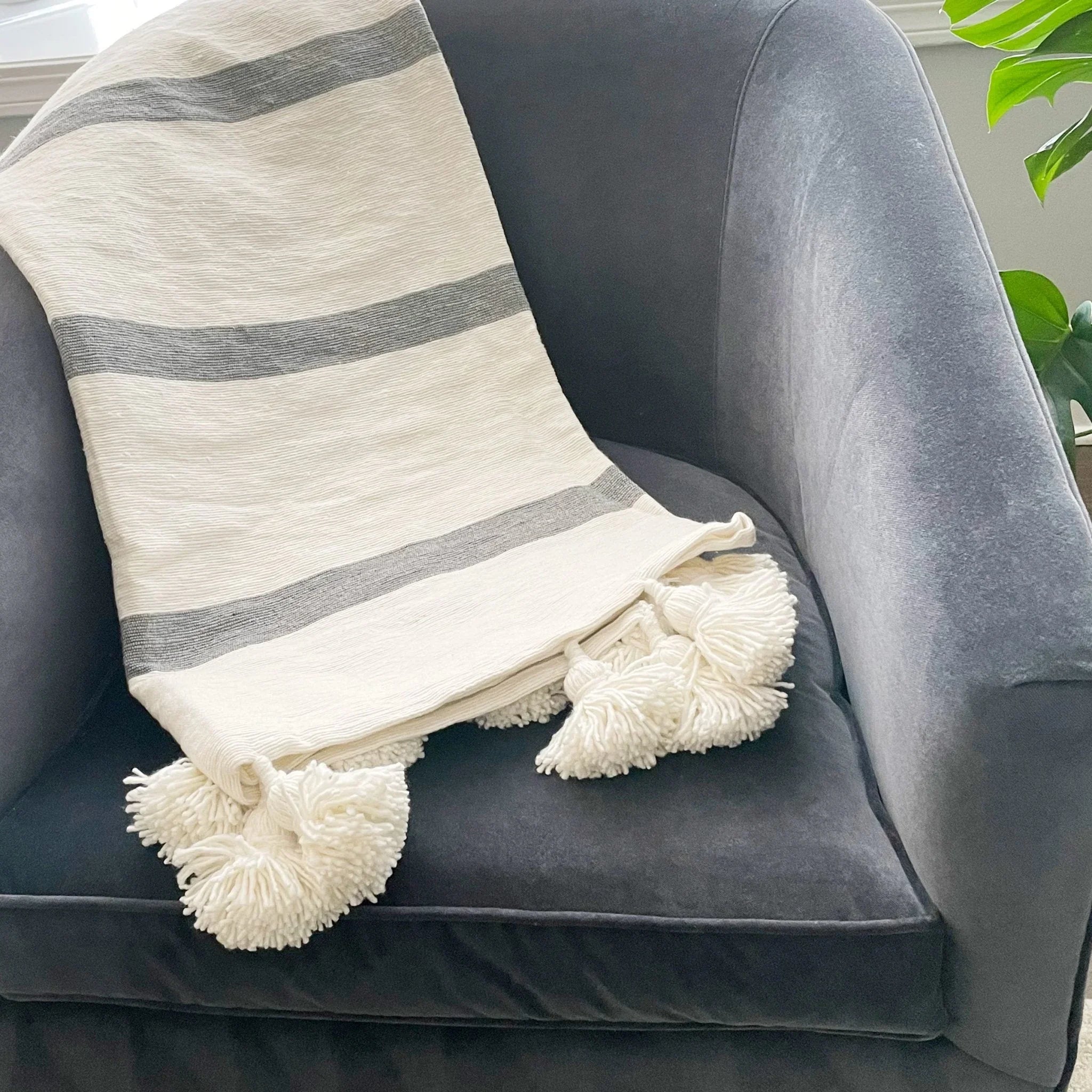 Gray Stripe Pom Pom Throw Tea + Linen