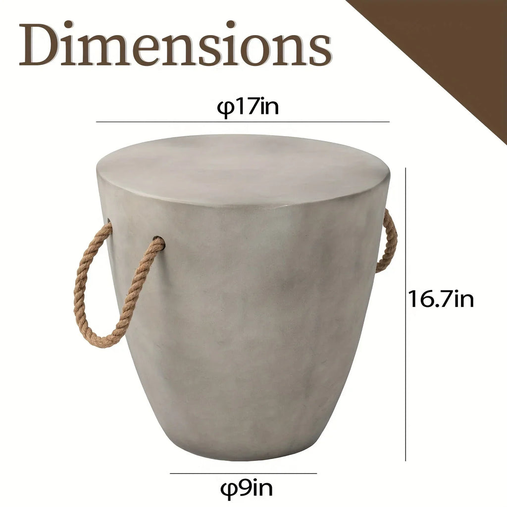 Concrete Outdoor End Table, 17'' Hemp Rope Side Table, Light Gray, Farmhouse Style, Modern Art Patio... - House Of Avana