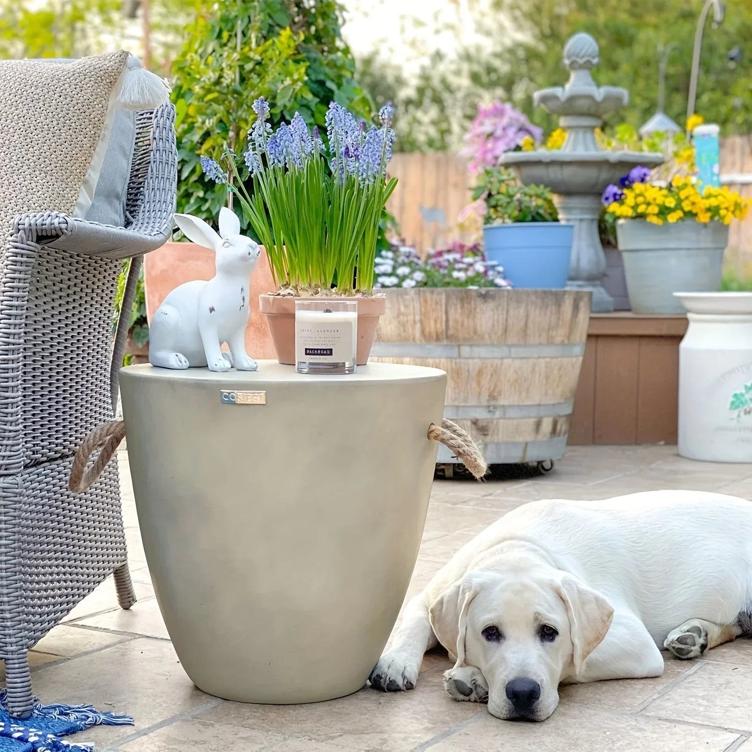Concrete Outdoor End Table, 17'' Hemp Rope Side Table, Light Gray, Farmhouse Style, Modern Art Patio... - House Of Avana