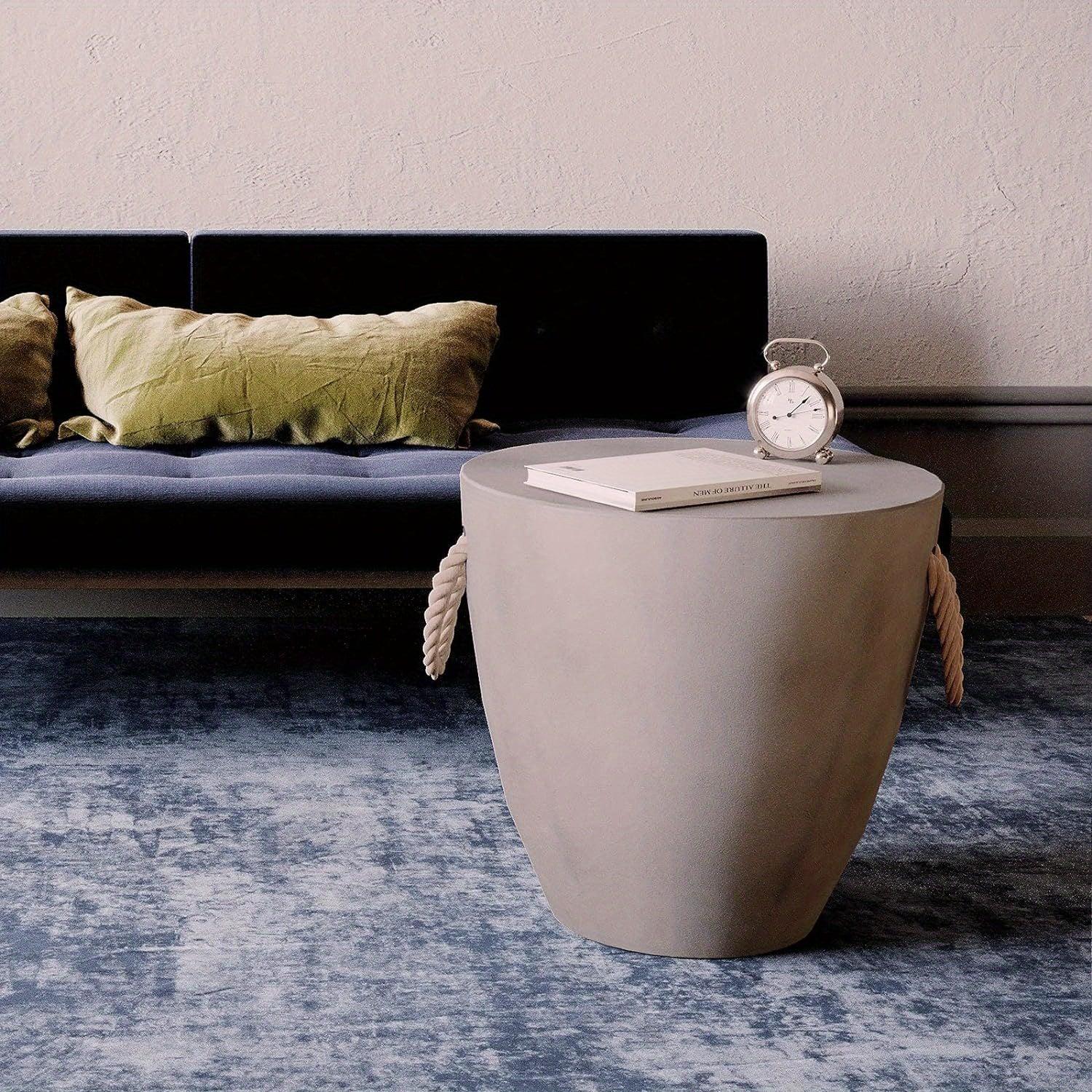 Concrete Outdoor End Table, 17'' Hemp Rope Side Table, Light Gray, Farmhouse Style, Modern Art Patio... - House Of Avana