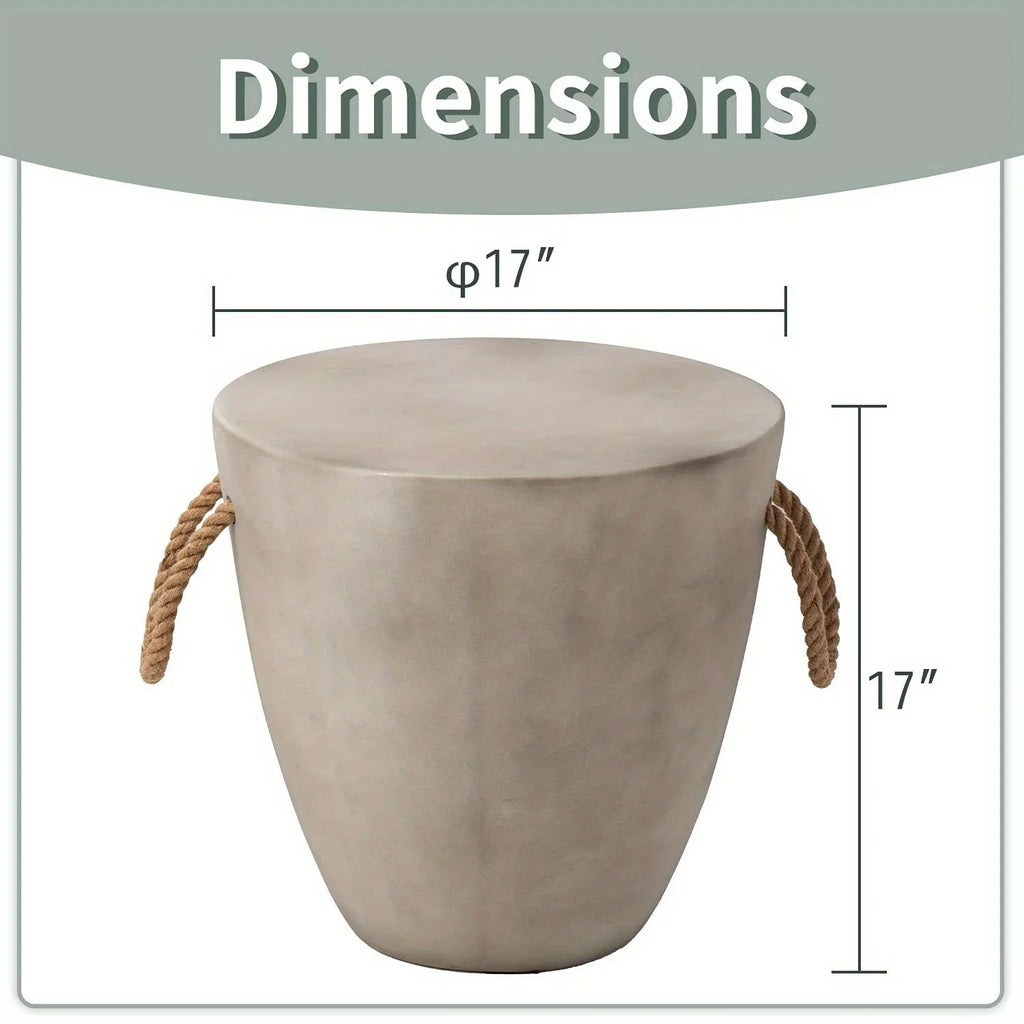 Concrete Outdoor End Table, 17'' Hemp Rope Side Table, Light Gray, Farmhouse Style, Modern Art Patio... - House Of Avana