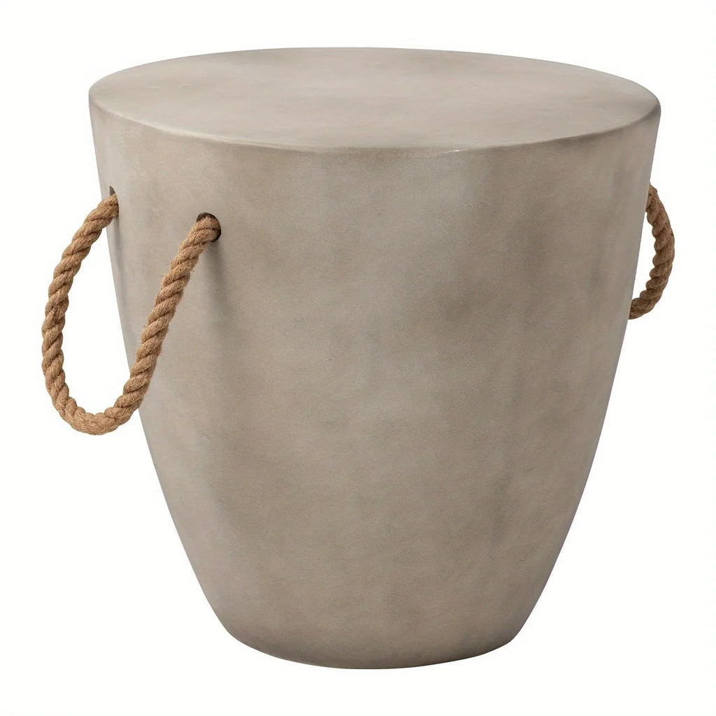 Concrete Outdoor End Table, 17'' Hemp Rope Side Table, Light Gray, Farmhouse Style, Modern Art Patio... - House Of Avana