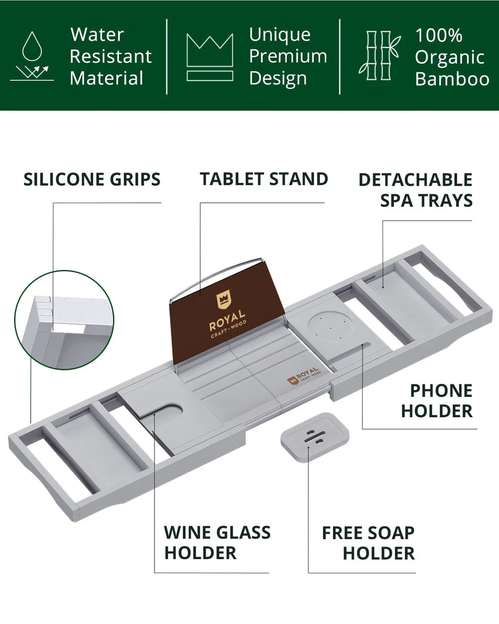 Bathtub Caddy Tray, Gray, angled view - House Of Avana