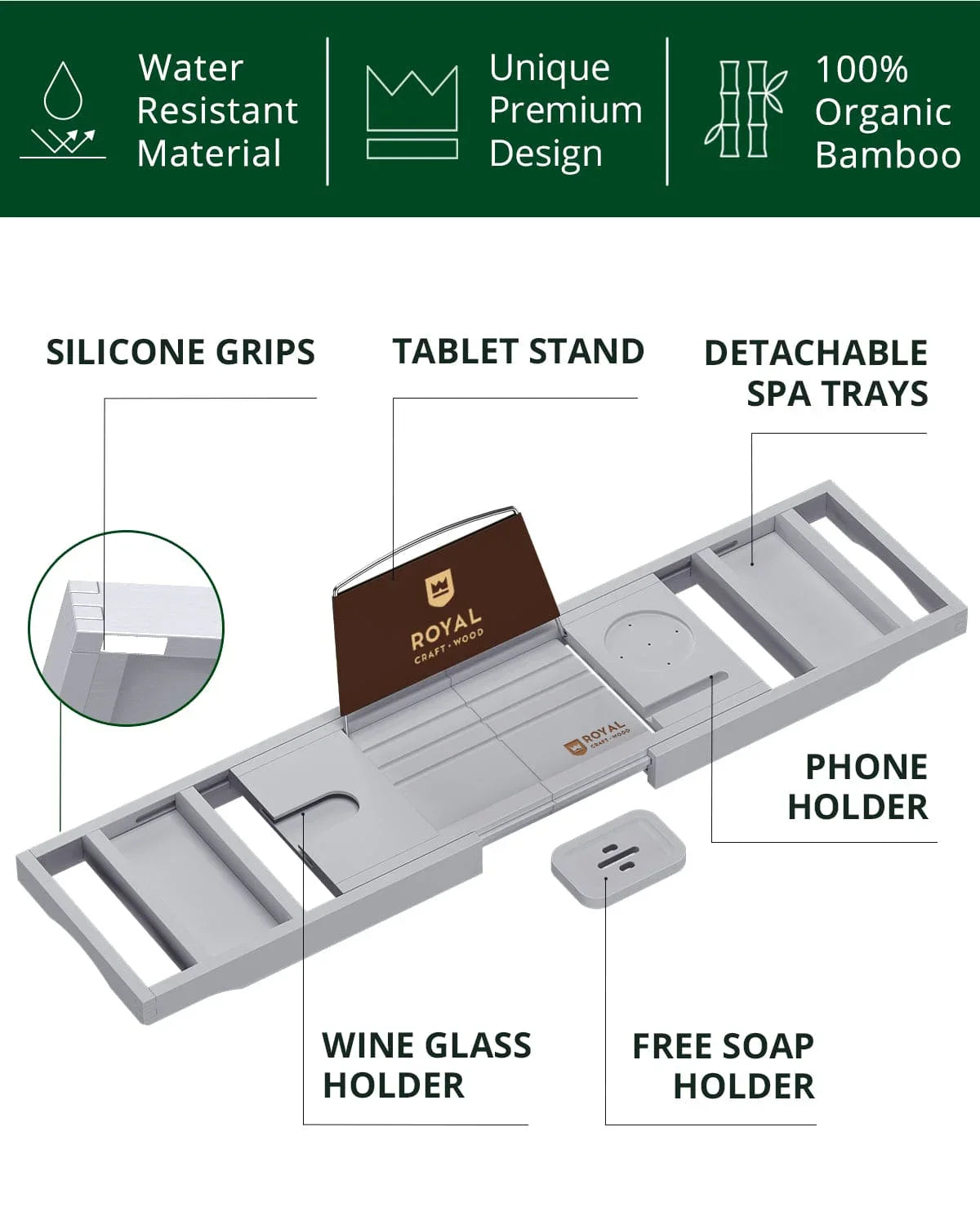 Bathtub Caddy Tray, Gray, angled view - House Of Avana
