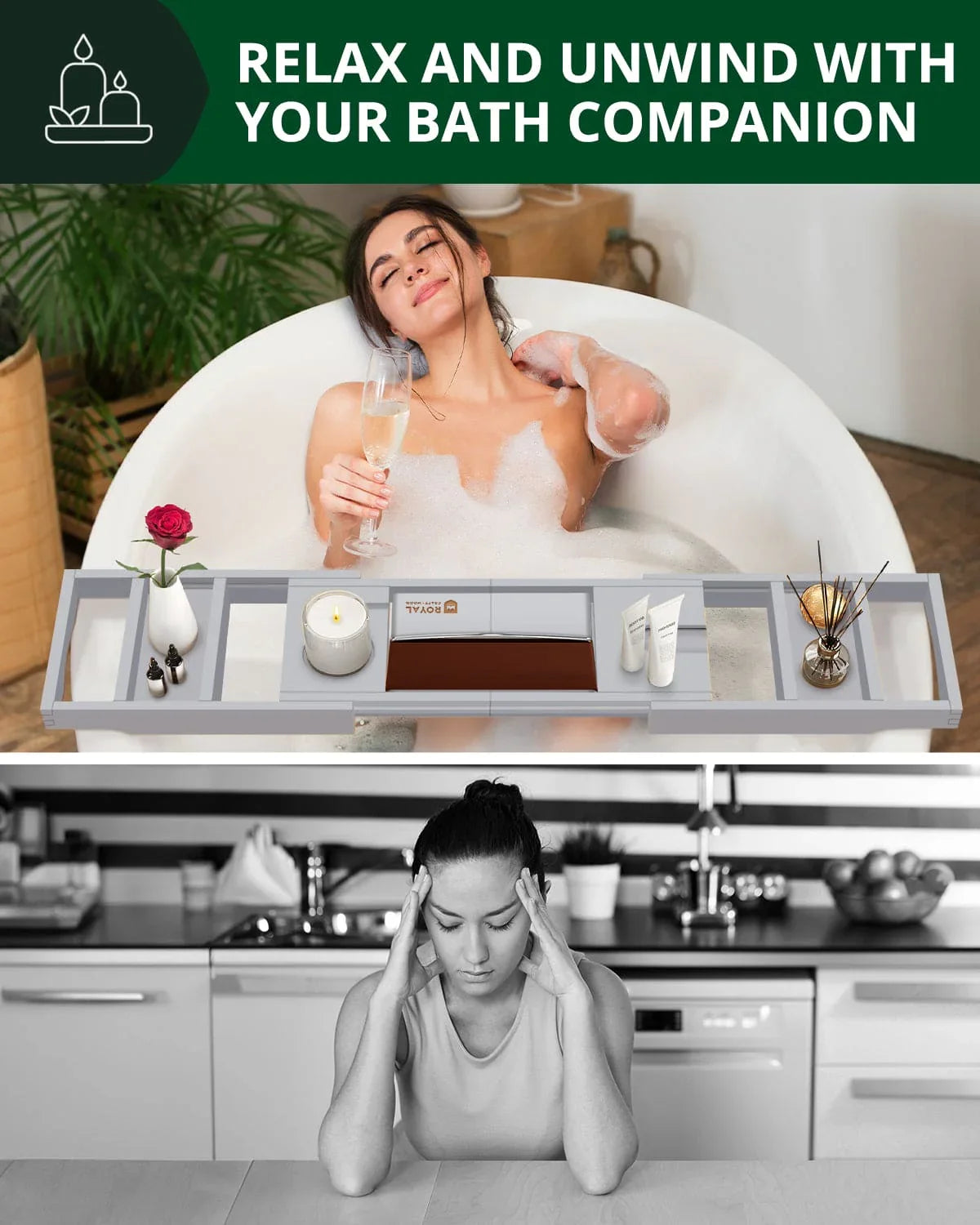 Bathtub Caddy Tray, Gray, side view - House Of Avana