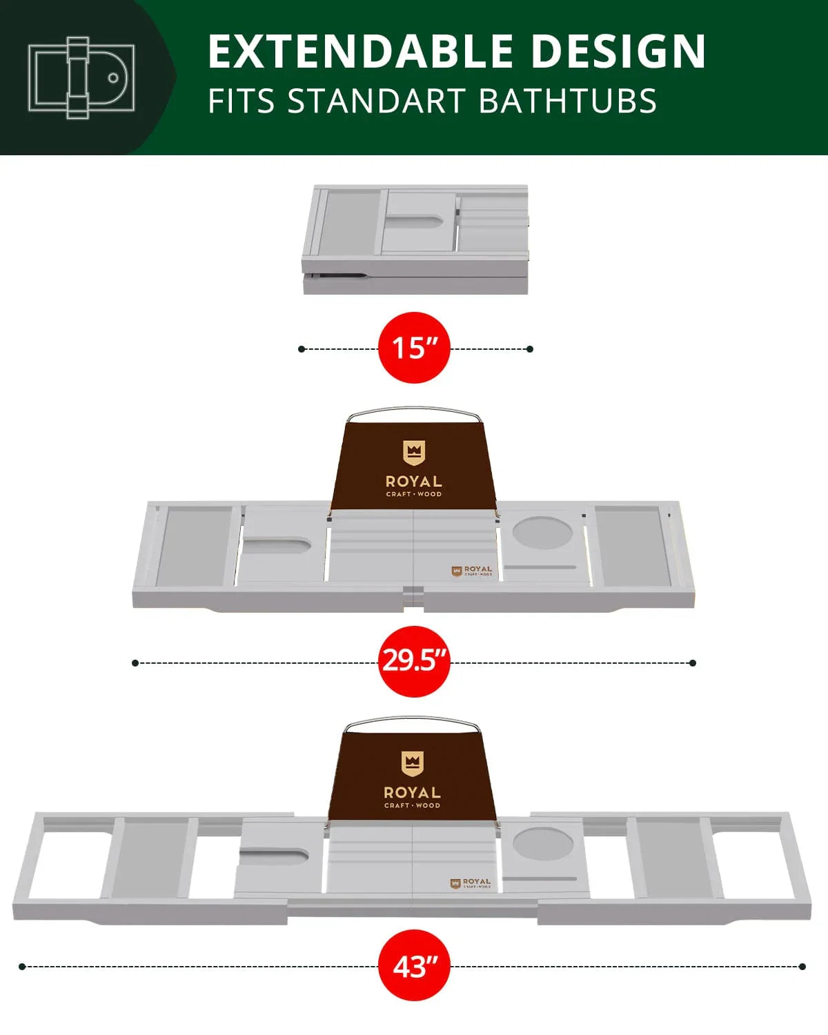 Bathtub Caddy Tray, Gray, top view - House Of Avana