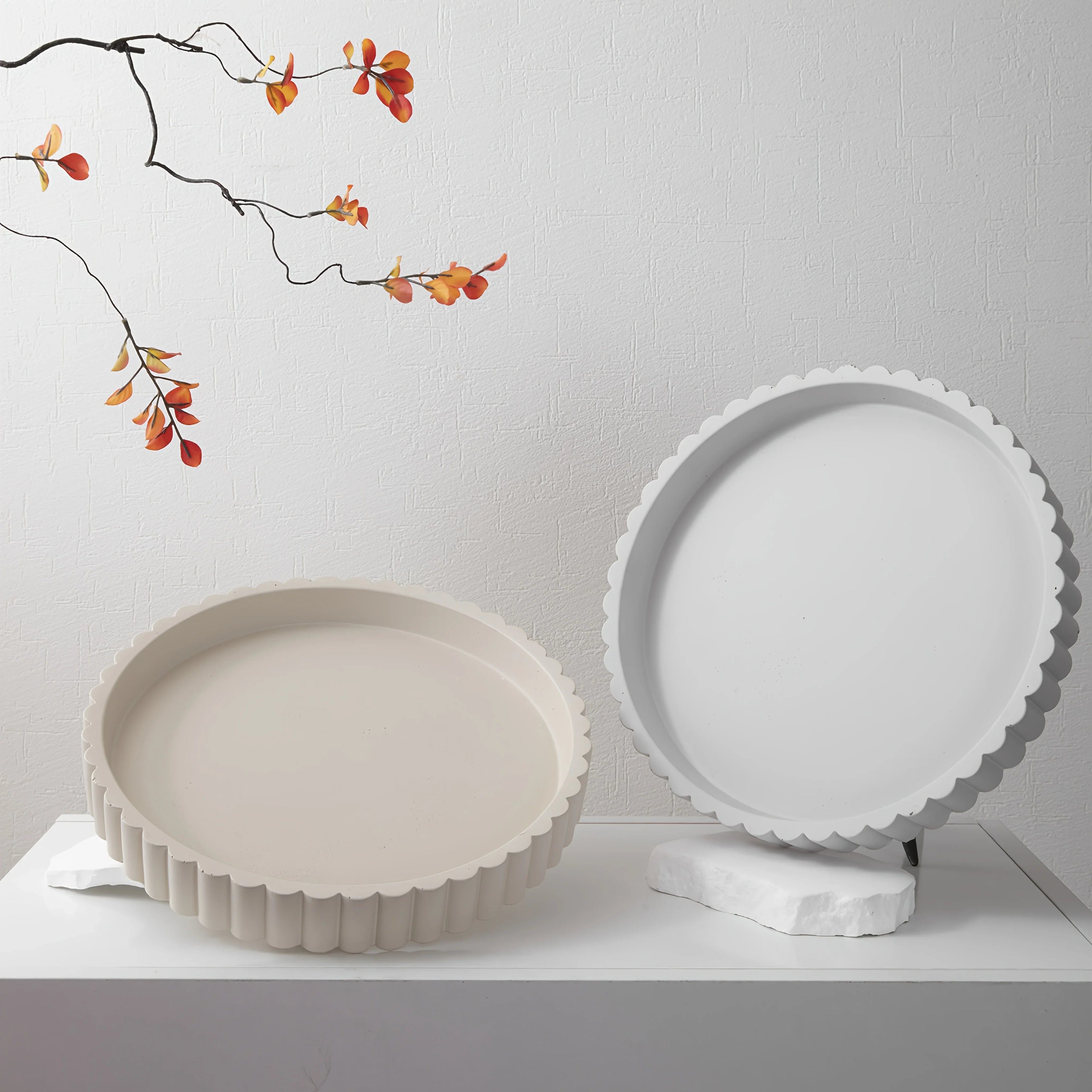 Modern Round Concrete Tray for Coffee Table Decor – Stylish Gray Centerpiece with Fluted Edge Design,... - House Of Avana