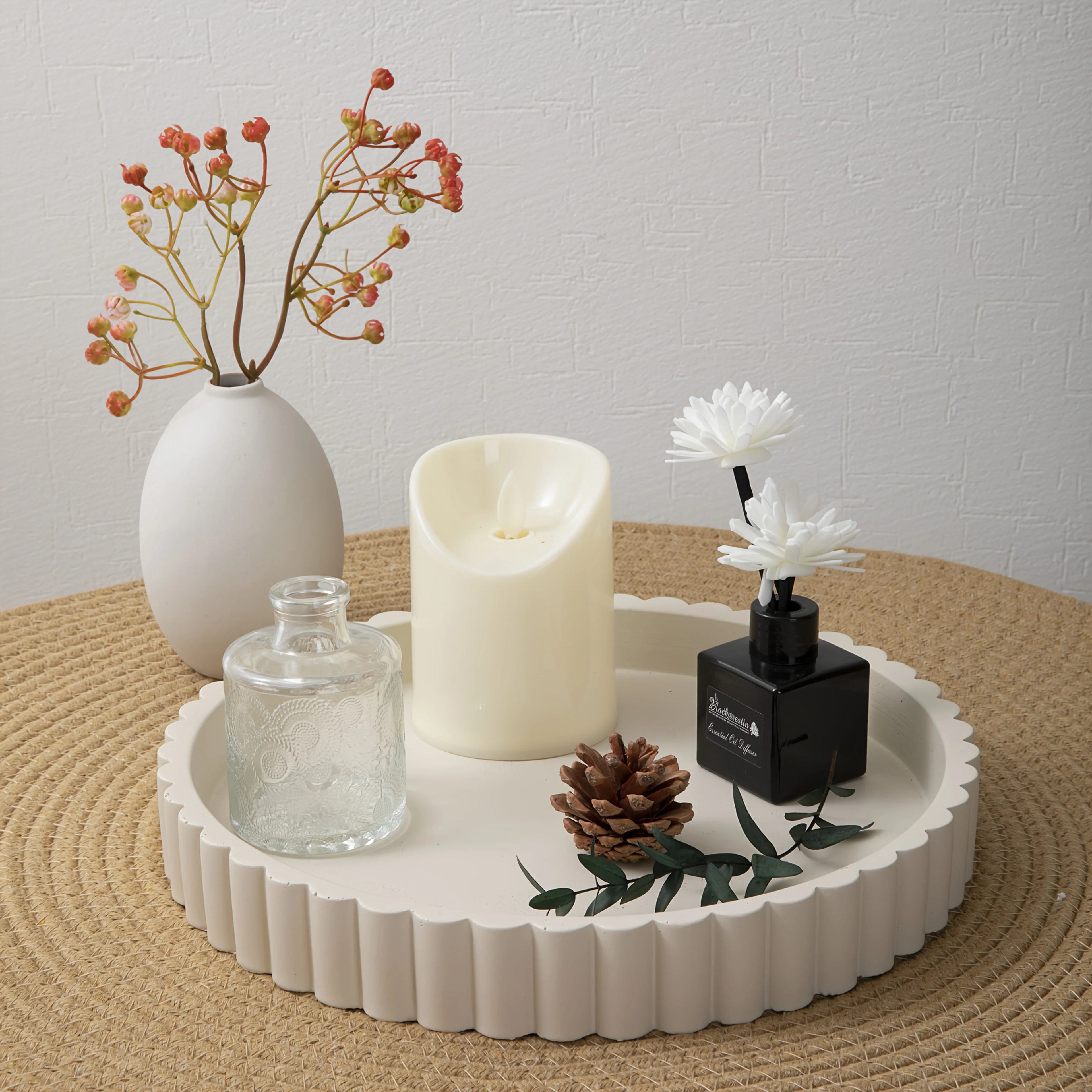 Modern Round Concrete Tray for Coffee Table Decor – Stylish Gray Centerpiece with Fluted Edge Design,... - House Of Avana