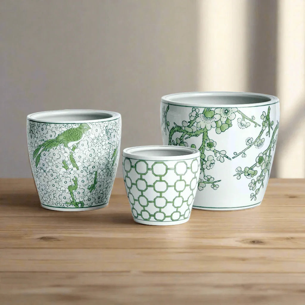 Green and White Chinoiserie Ceramic Planters (Set of 3) Vintage Shopper