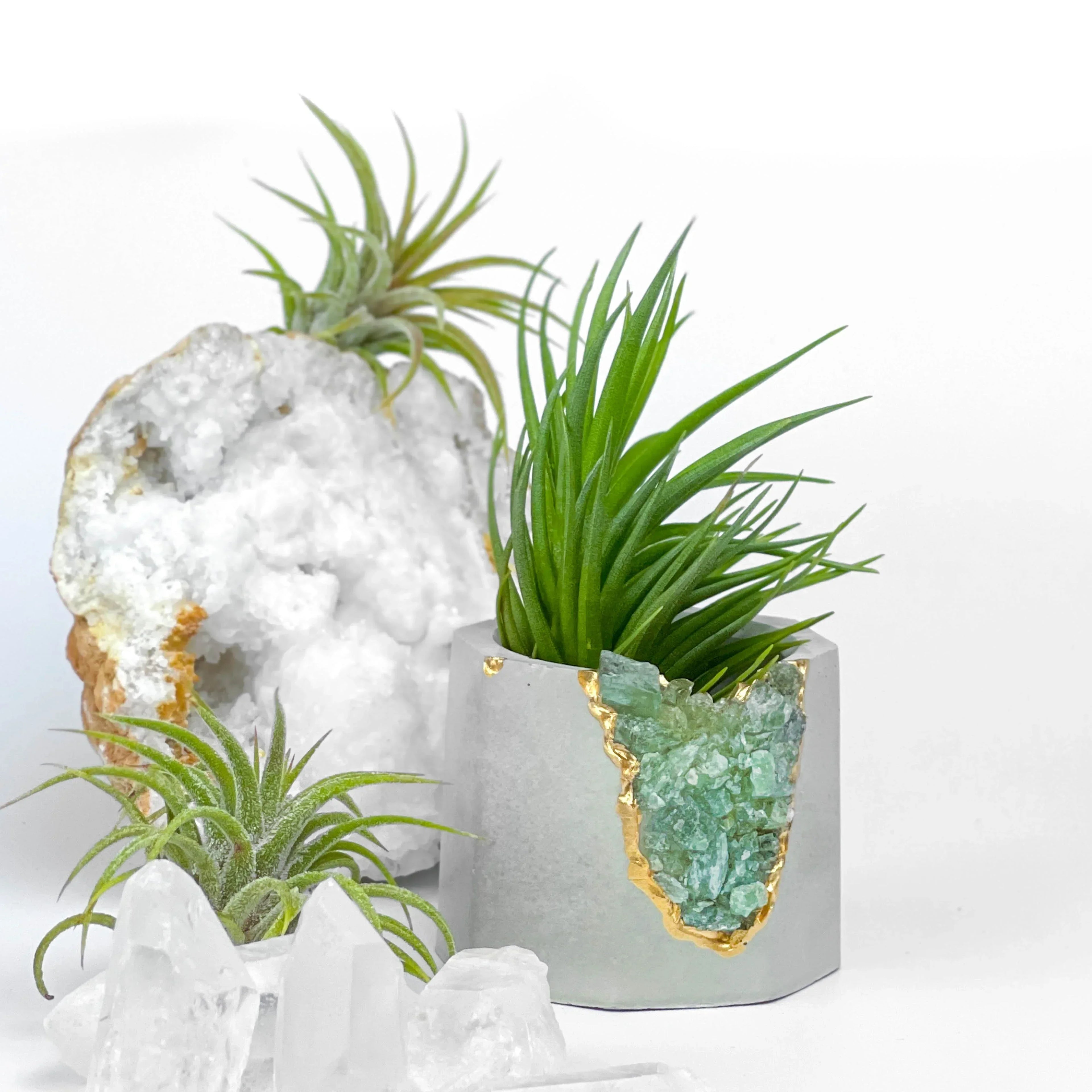 Green Apatite Geode Planter with Natural Stone Layers, back view - House Of Avana