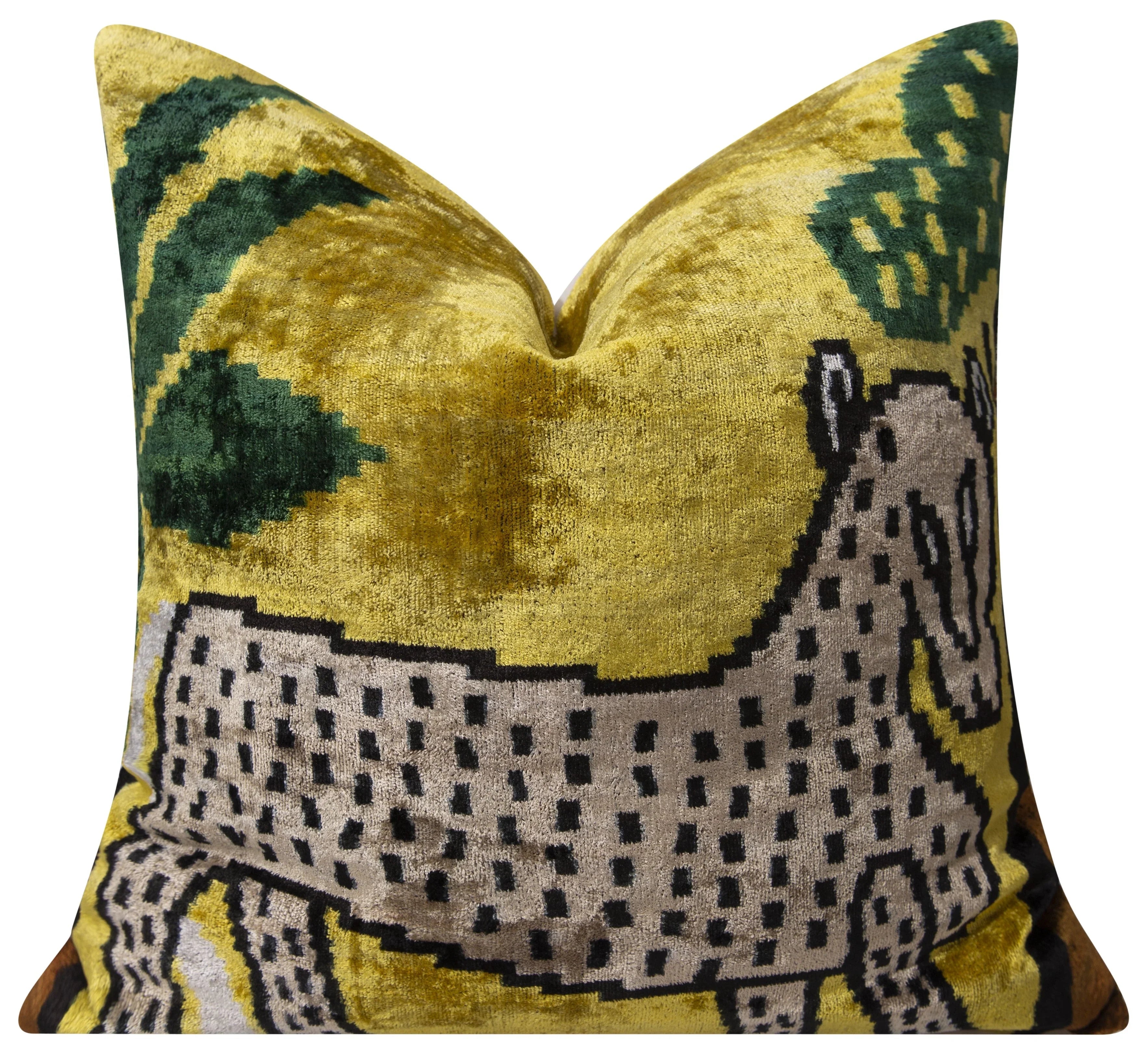 Handmade Silk Velvet Animal Motif Throw Pillow - 20x20, Vibrant Yellow with Green and Beige Design, Down... - House Of Avana