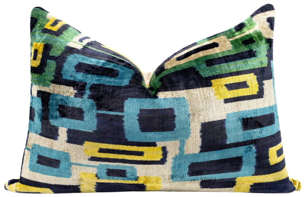 Canvello Green Blue Handmade 16x24 Silk Velvet Pillow, Organic Veg Dyed, Down/feather Filled, front view - House Of Avana