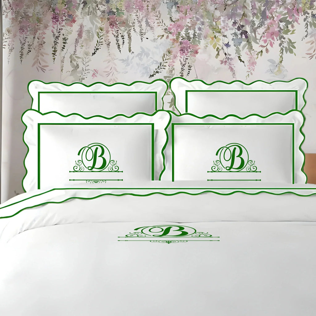 Monogram 400TC Cotton Scallop Embroidery & Border Sateen Solid Duvet Cover Set PushpLinen