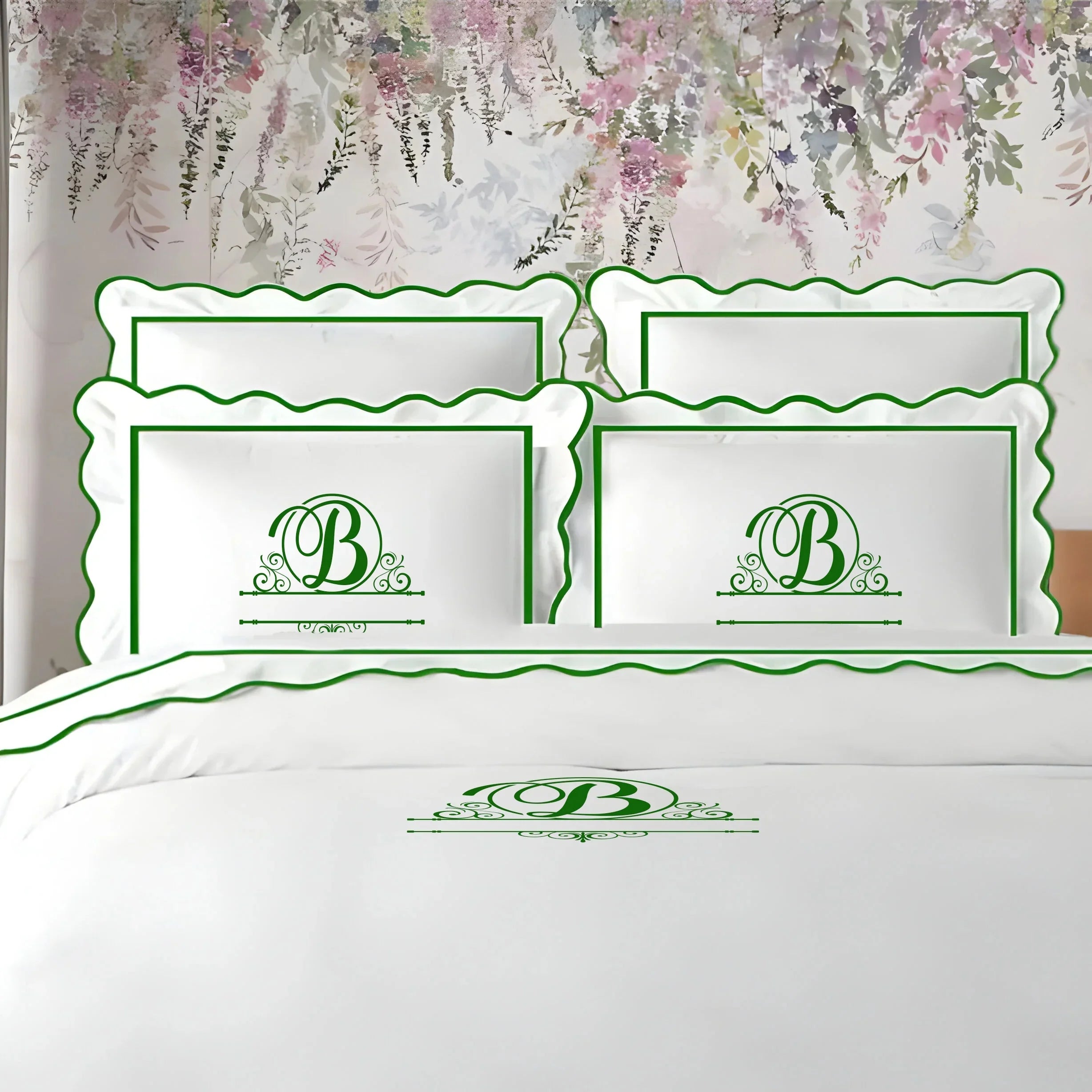 Monogram 400TC Cotton Scallop Embroidery & Border Sateen Solid Duvet Cover Set PushpLinen