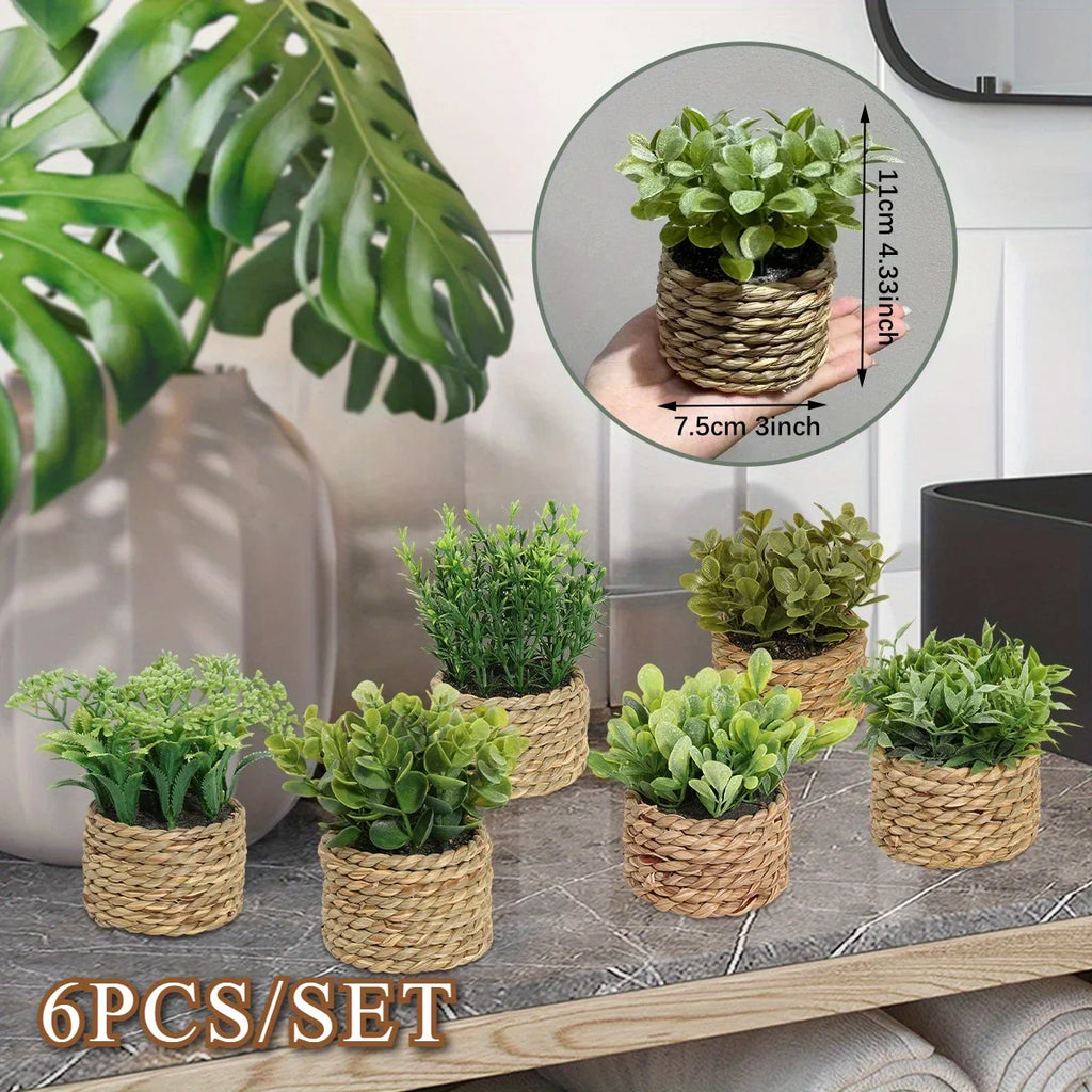 Pe Artificial Fern Grass Potted Plant with Faux Eucalyptus Leaves and Rope Weaving, Green, Tabletop... - House Of Avana