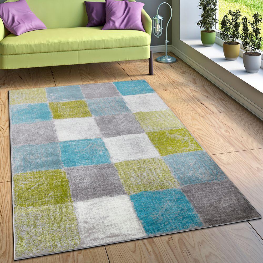 Living Room Rug Designer Striking Colour Combination Check Turquoise Green Grey, front view - House Of Avana