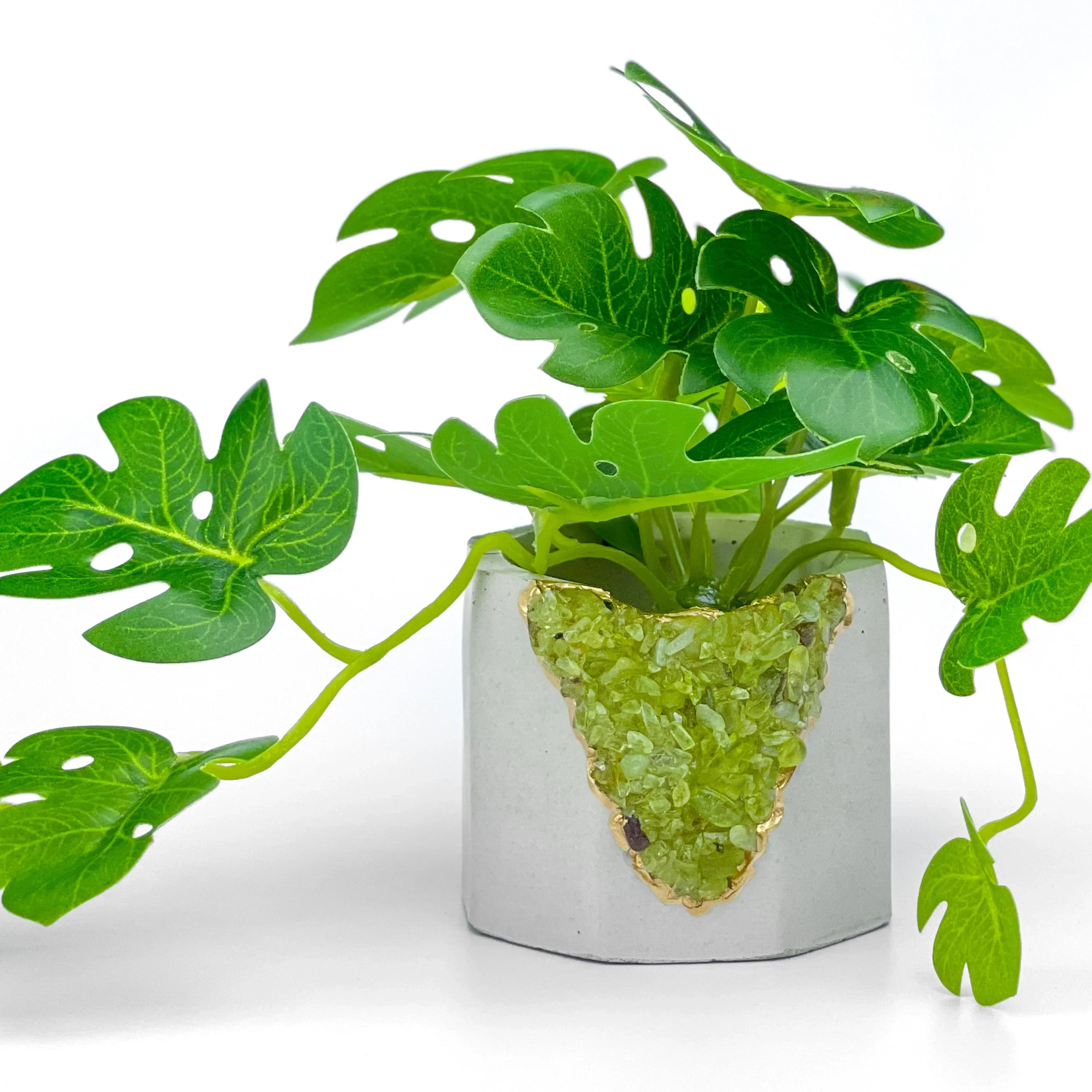 Green Peridot Geode Planter Box Natural Stone Home Decoration, angled view - House Of Avana