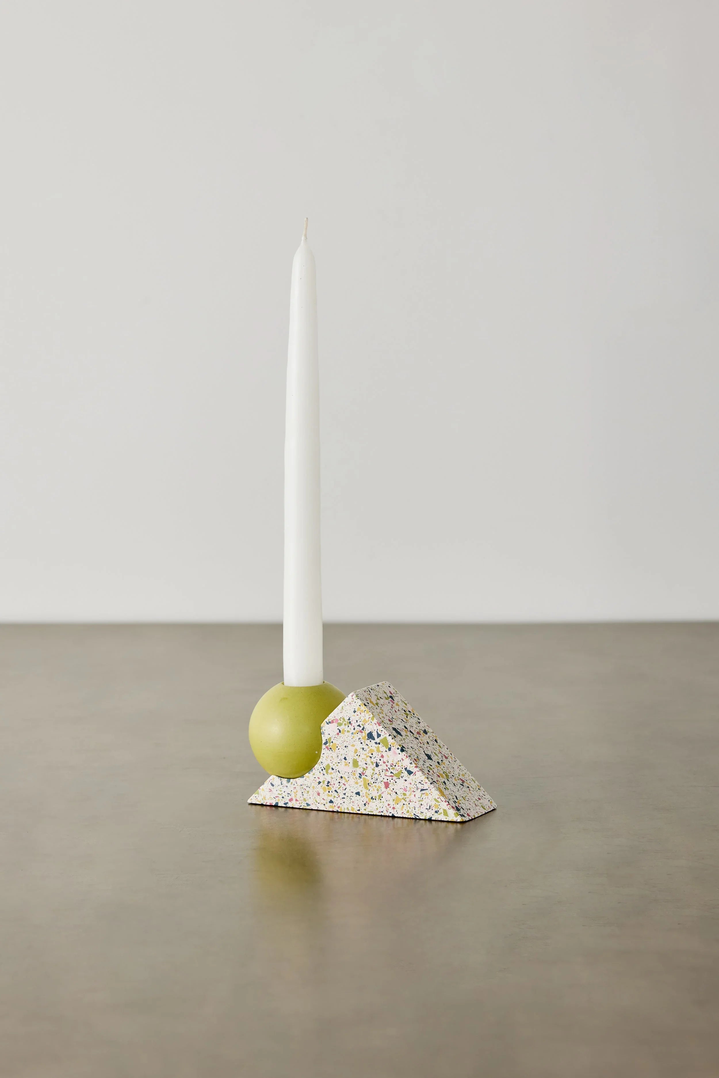 Equilibrium Bright Green & Pink Terrazzo Taper Candle Holder, front view - House Of Avana
