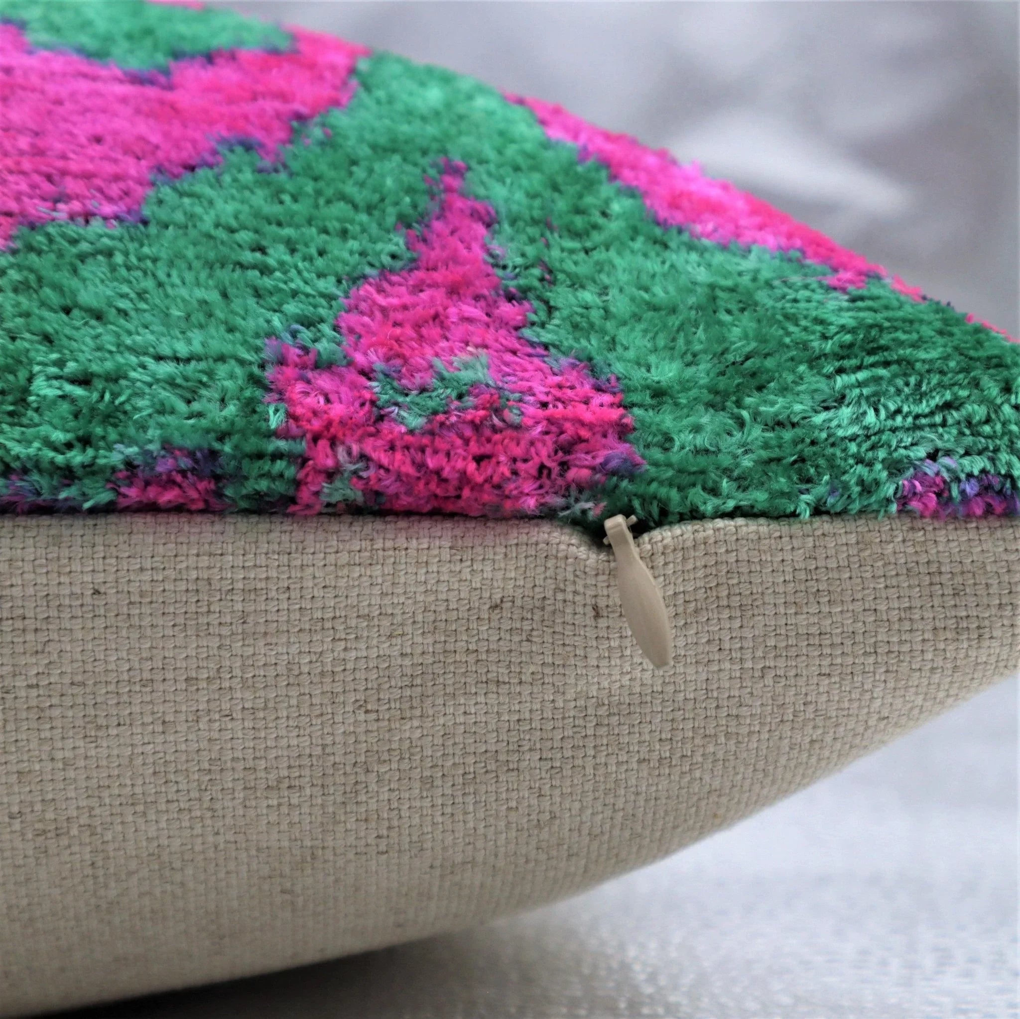 Canvello Handmade Green Pink Velvet Throw Pillow - 20x20, angled view - House Of Avana