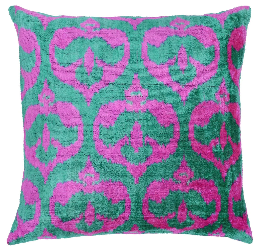Canvello Handmade Green Pink Velvet Throw Pillow - 20x20, front view - House Of Avana