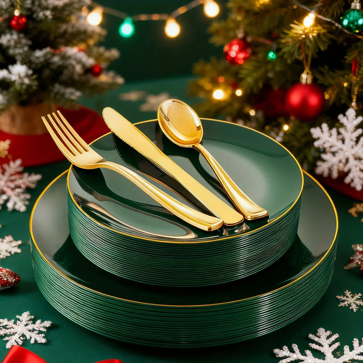 100pcs Golden Green Plastic Plate Cutlery Set - Christmas Decoration, Including 20 Dessert Plates, 20 Dinner Plates, 60 Silverware, Suitable for Weddings, Parties And Birthdays, Christmas Parties House Of Avana [[SKU:HOA-XMS-050]]