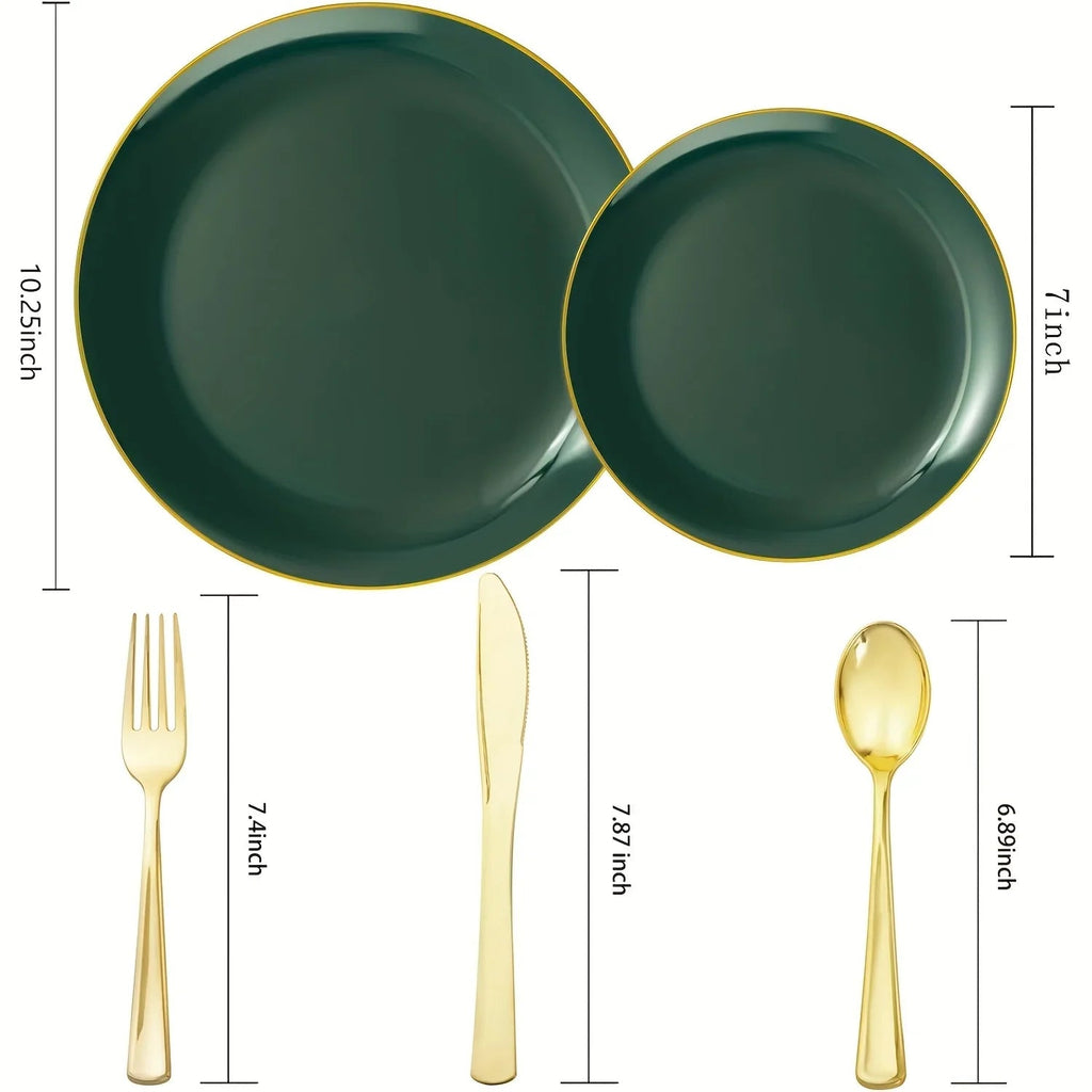100pcs Golden Green Plastic Plate Cutlery Set - Christmas Decoration, Including 20 Dessert Plates, 20 Dinner Plates, 60 Silverware, Suitable for Weddings, Parties And Birthdays, Christmas Parties House Of Avana [[SKU:HOA-XMS-050]]