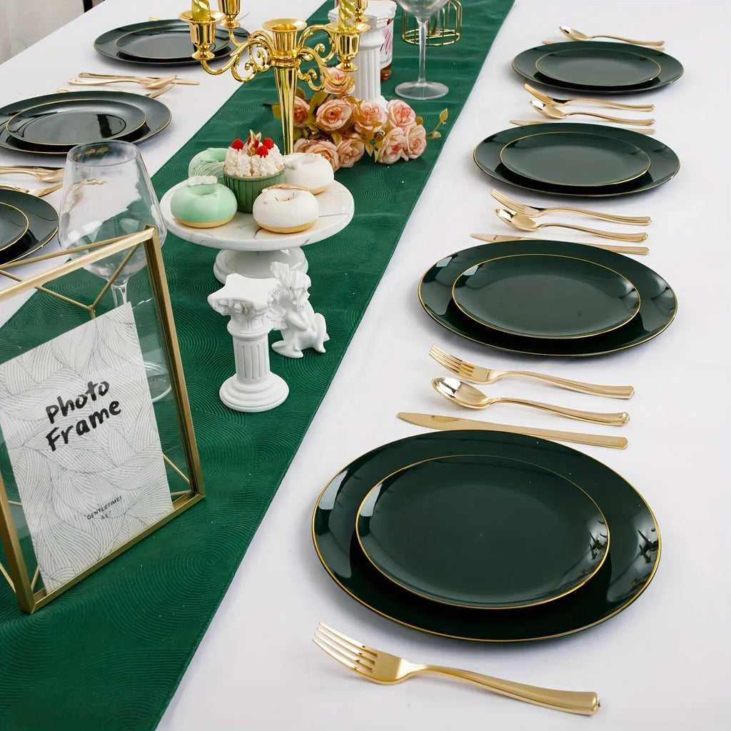100pcs Golden Green Plastic Plate Cutlery Set - Christmas Decoration, Including 20 Dessert Plates, 20 Dinner Plates, 60 Silverware, Suitable for Weddings, Parties And Birthdays, Christmas Parties House Of Avana [[SKU:HOA-XMS-050]]