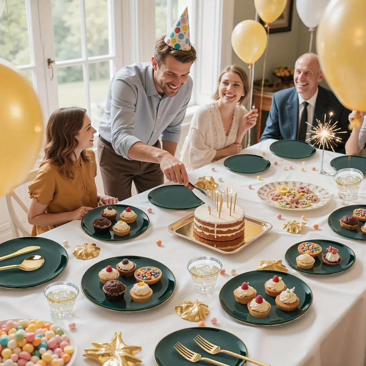 100pcs Golden Green Plastic Plate Cutlery Set - Christmas Decoration, Including 20 Dessert Plates, 20 Dinner Plates, 60 Silverware, Suitable for Weddings, Parties And Birthdays, Christmas Parties House Of Avana [[SKU:HOA-XMS-050]]