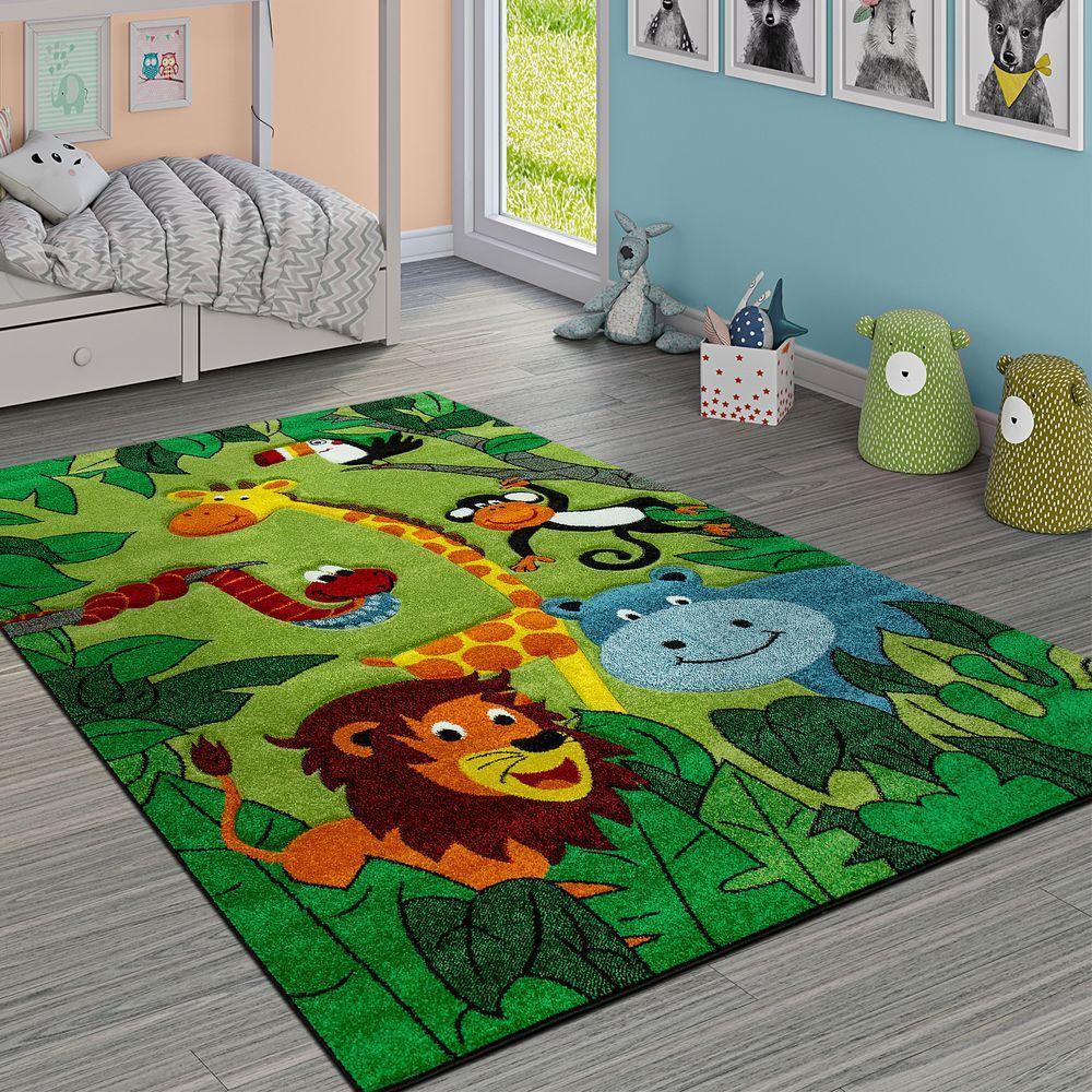 Kids Rug for Nursery Jungle Animals Green, front view - House Of Avana